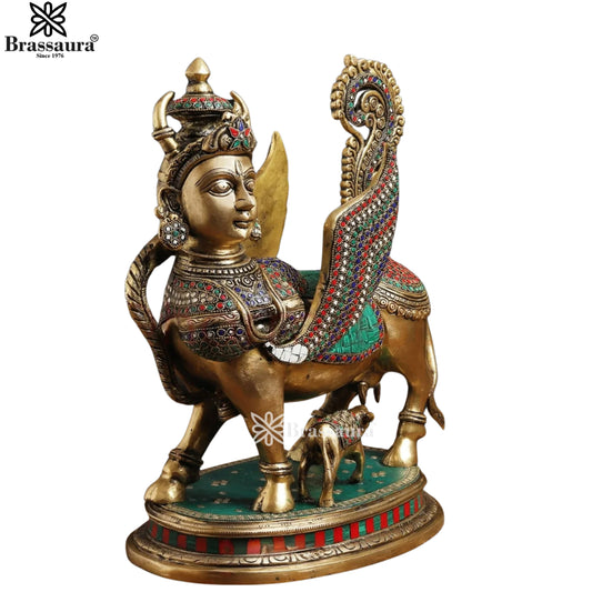 Brassaura™ Brass Gem Stone Work Kamdhenu Cow & Calf Idol – Height 16 Inches & Weight 13.5 Kgs | Handcrafted Pooja Sculpture