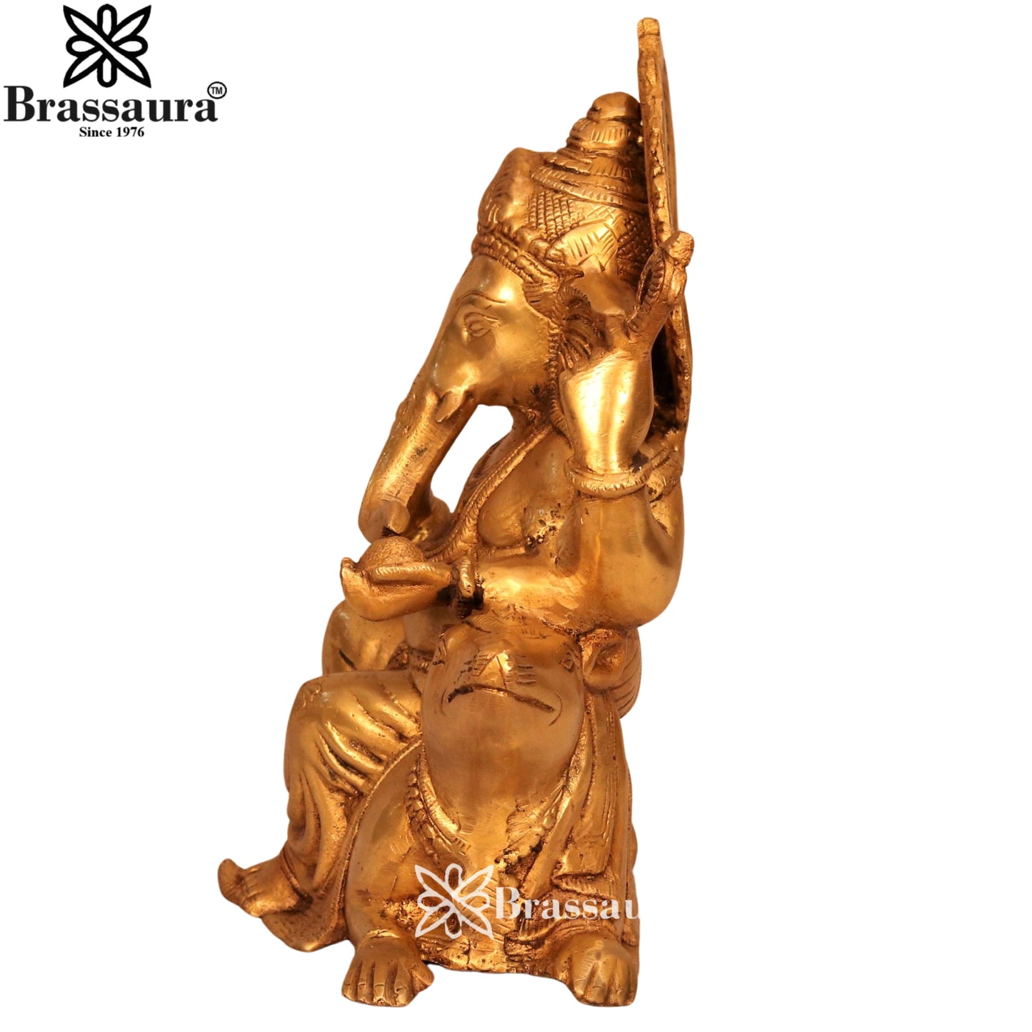 Brass Ganesha On Rat Statue Weight 6.1 Kg & Height 11.5 Inch