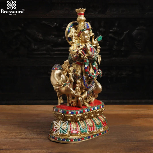 Brass Gem Stone Work Cow Krishna Murti Weight 16.86 Kg And Height 21 Inch