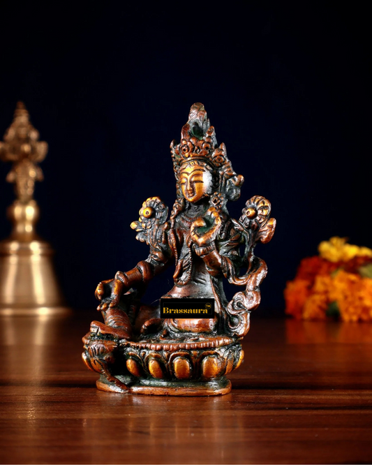 Brassaura™ Green Tara Brass Idol – Height 3.5 Inches | Weight 0.3 Kgs | Nepalese Orange Finish