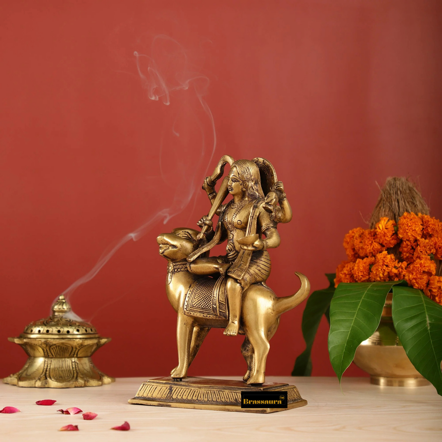 Brassaura™ Pure Brass Lord Kaal Bhairava Idol – 9.8 Inches Height, 3.3 Kgs – Seated on Dog Vahana