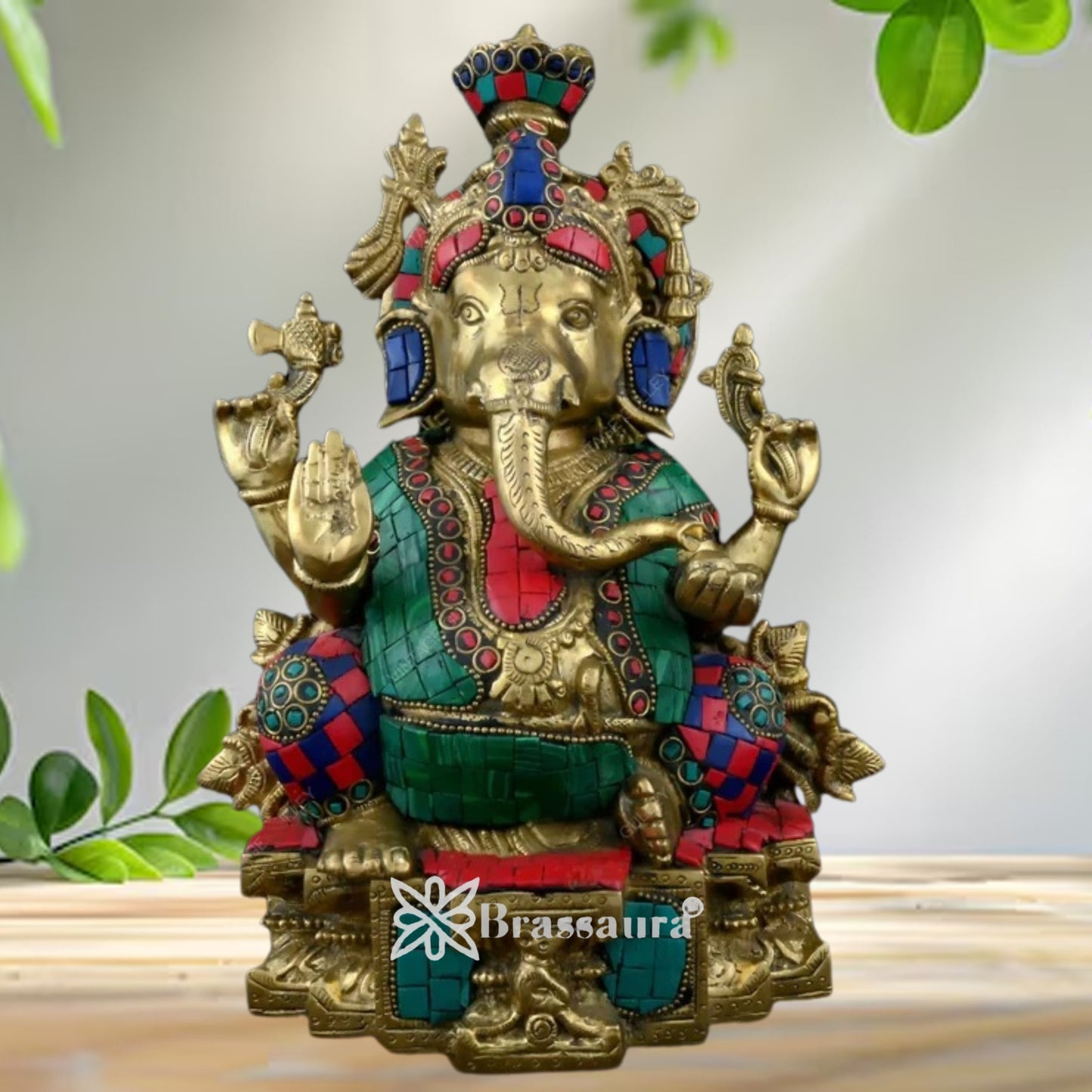 Brass Gem Stone Work Ganesha Statue Weight 4.1 Kg And Height 6 Inch