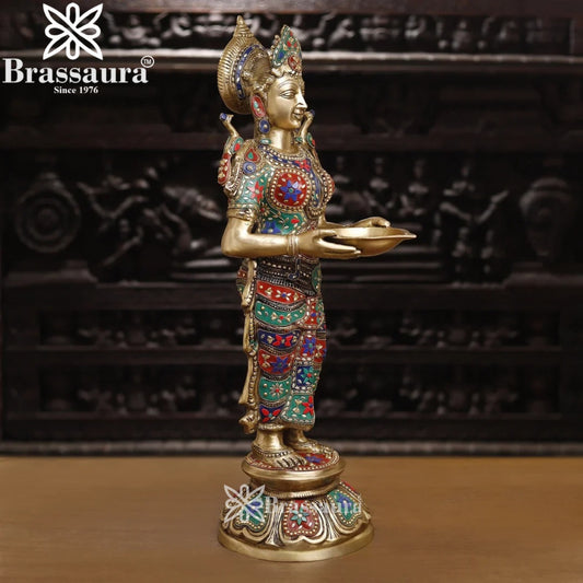 Brassaura™ Premium Brass Gem Stone Work Deep Laxmi Set  – Height 30 Inches & Weight 33.54 Kgs | Puja Room Décor