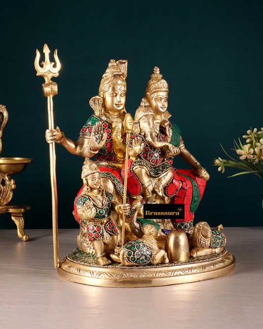Brass Gem Stone Work Shiv parivar Idol for Home and Decor | Weight 5 Kg Height 9.5 inch