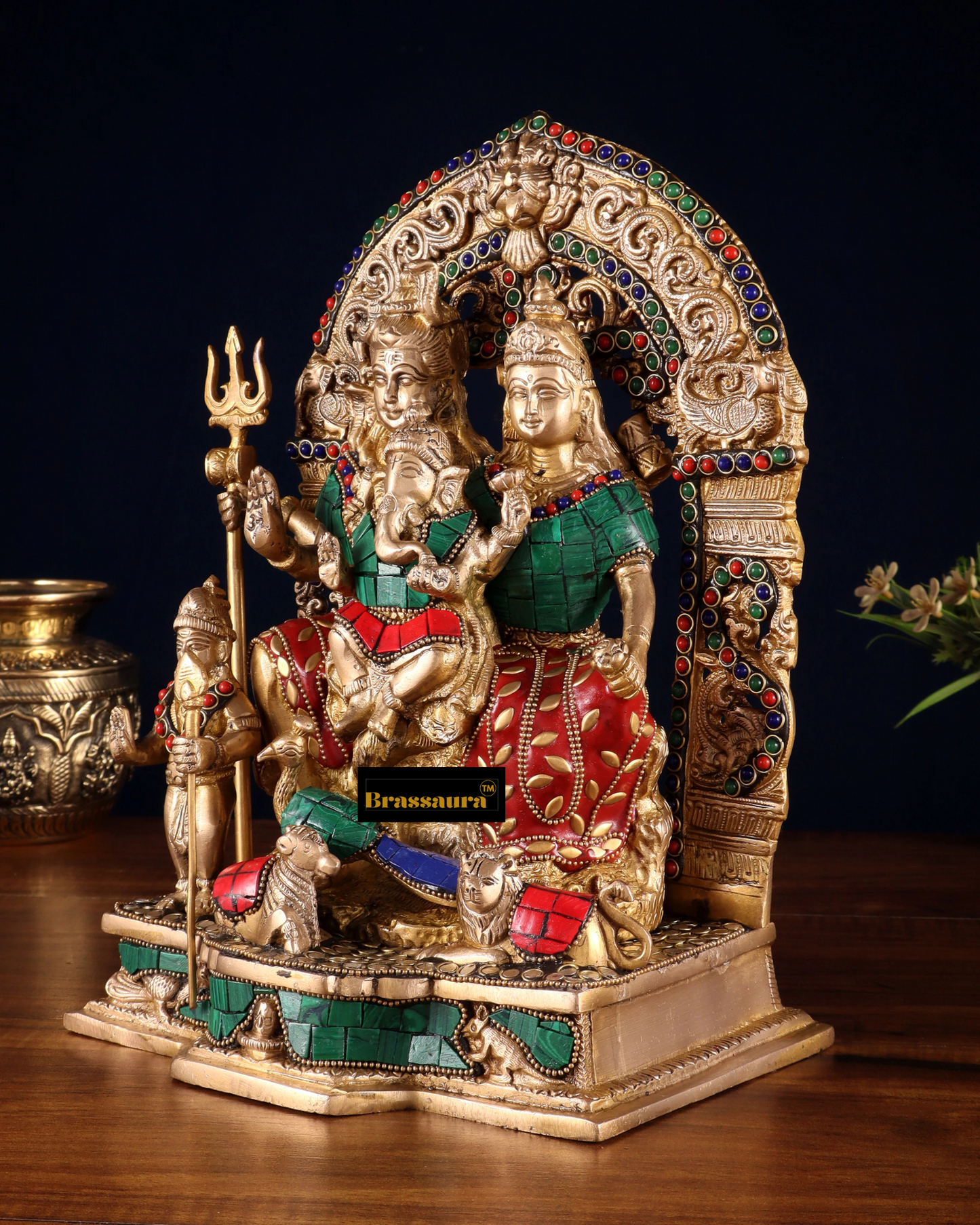 Brass Gem Stone Work Shiv parivar Idol for Home and Decor | Weight 6.8 Kg Height 12 inch | Multi-Coloured