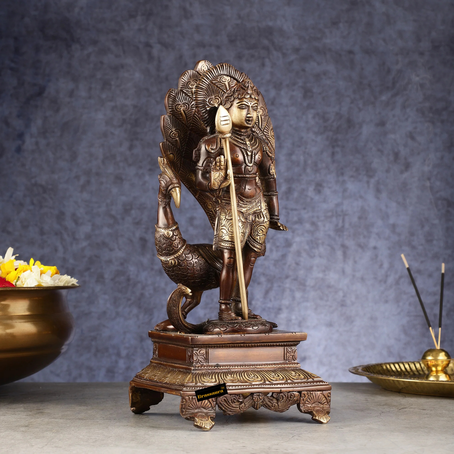 Brassaura™ Handcrafted Lord Murugan Brass Idol – 12.5 Inches Height, 4.5 Kgs – Chola Brown Antique Finish