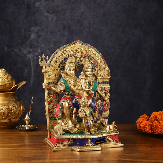 Brass Gem Stone Work Shiv parivar Idol for Home and Decor | Weight 6.8 Kg Height 12 inch | Multi-Coloured