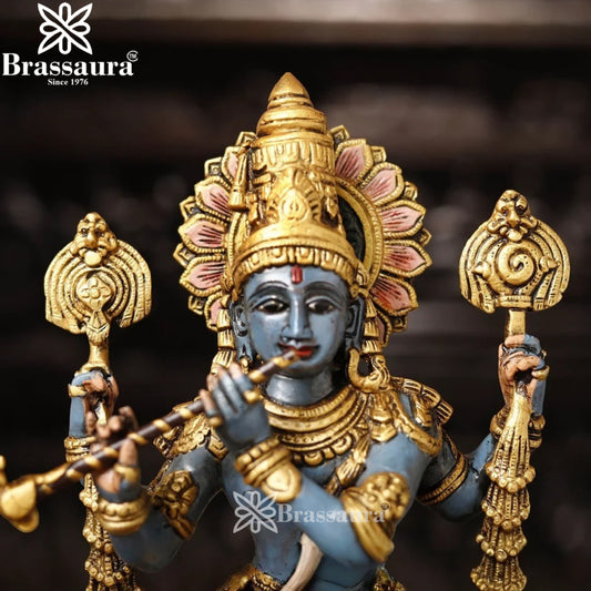 Brassaura® Chaturbhuja Lord Krishna Playing Flute Idol | Pure Superfine Brass Handcrafted Multicolor Murti | Four-Armed Brass Statue for Home Temple, Pooja Room & Living Room | Height 19 Inches | Weight 9.91 Kgs