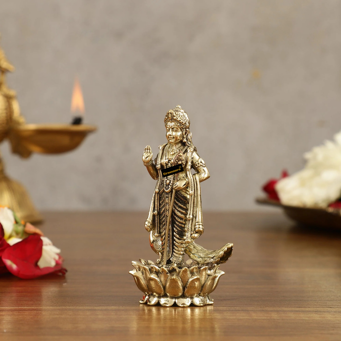 Brassaura™ Pure Brass Small Murugan Idol – 3.5 Inches Height, 93 Grams – Compact Handcrafted Statue