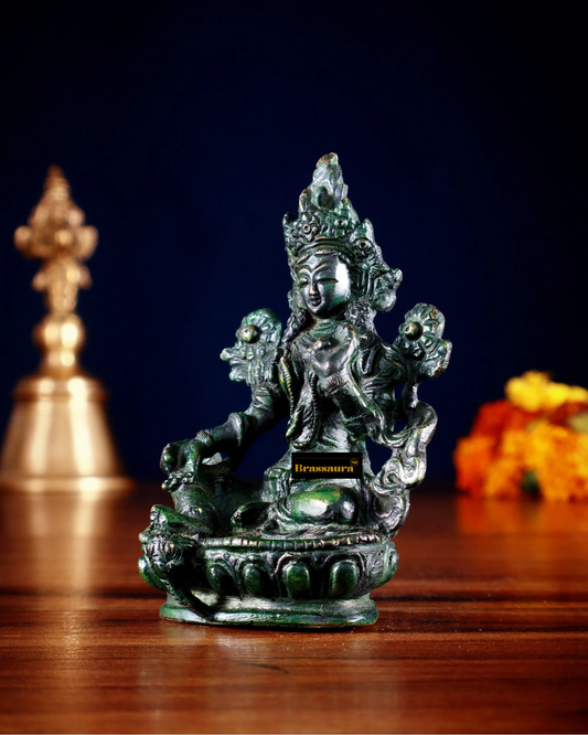 Brassaura™ Green Tara Brass Idol – Height 3.5 Inches | Weight 0.3 Kgs | Agate Green Finish