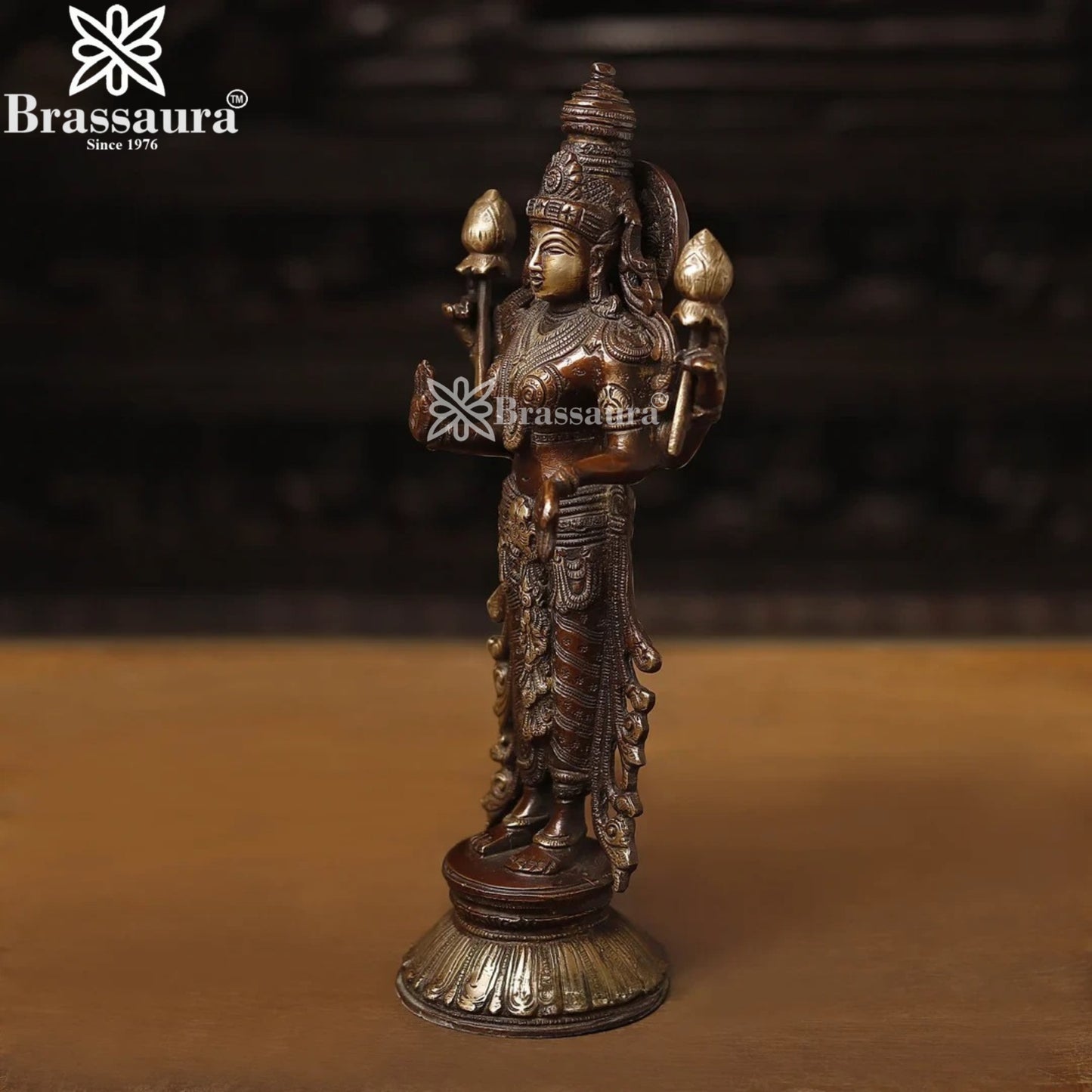Brassaura™ Handcrafted Brass Laxmi Idol – Height 12.5 Inches & Weight 3.21 Kgs | Devotional Statue