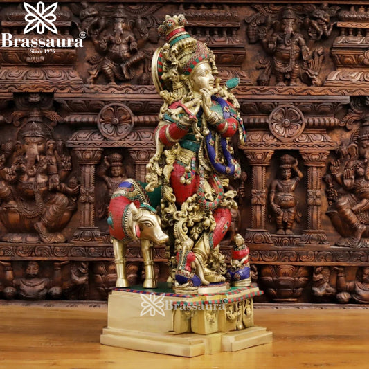 Brass Gem Stone Work Cow Krishna Murti Weight 34.58 Kg And Height 28 Inch