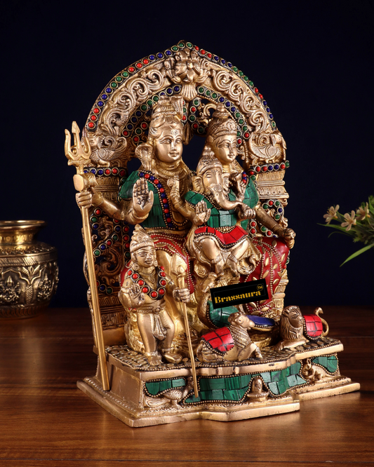 Brass Gem Stone Work Shiv parivar Idol for Home and Decor | Weight 6.8 Kg Height 12 inch | Multi-Coloured