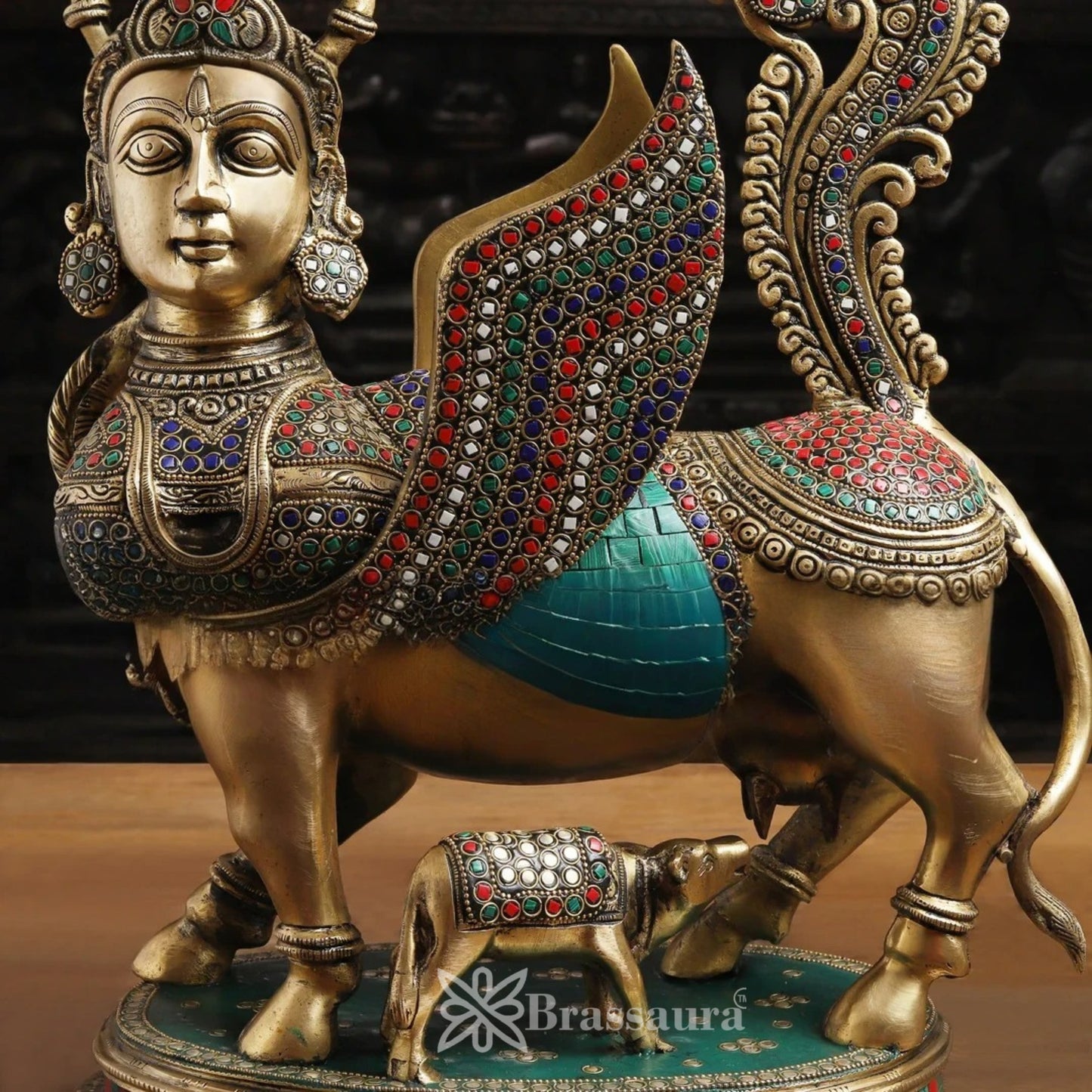 Brassaura™ Brass Gem Stone Work Kamdhenu Cow & Calf Idol – Height 17 Inches & Weight 13.1 Kgs | Divine Home & Pooja Sculpture