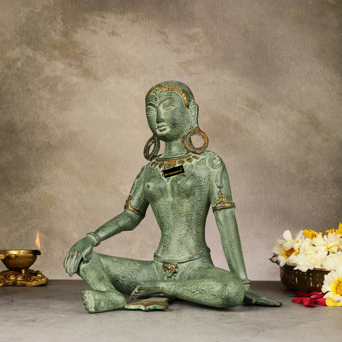 Brassaura™ Brass Seated Nepalese Green Tara Idol – Height 10.5 Inches | Weight 5 Kgs | Antique Patina Finish