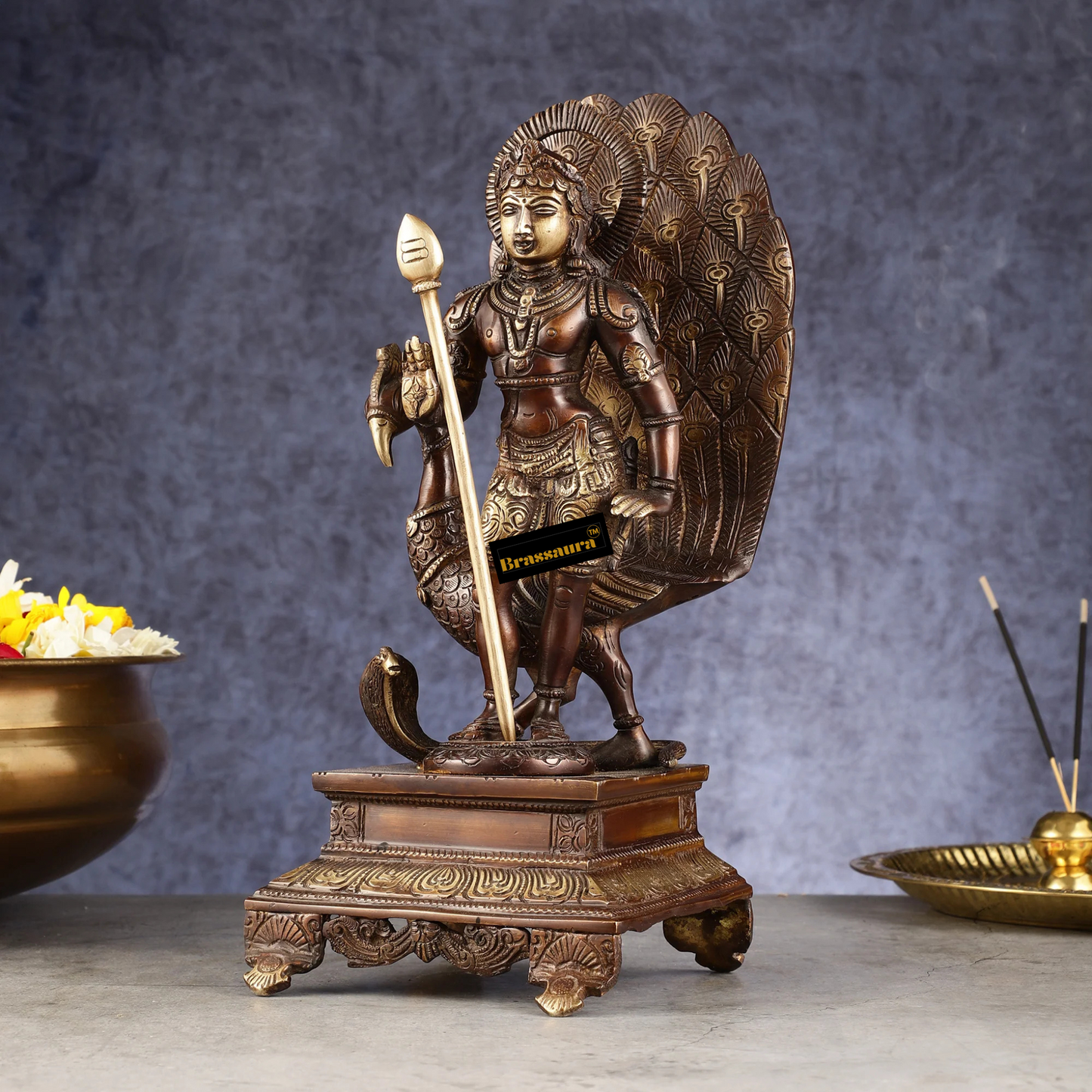 Brassaura™ Handcrafted Lord Murugan Brass Idol – 12.5 Inches Height, 4.5 Kgs – Chola Brown Antique Finish