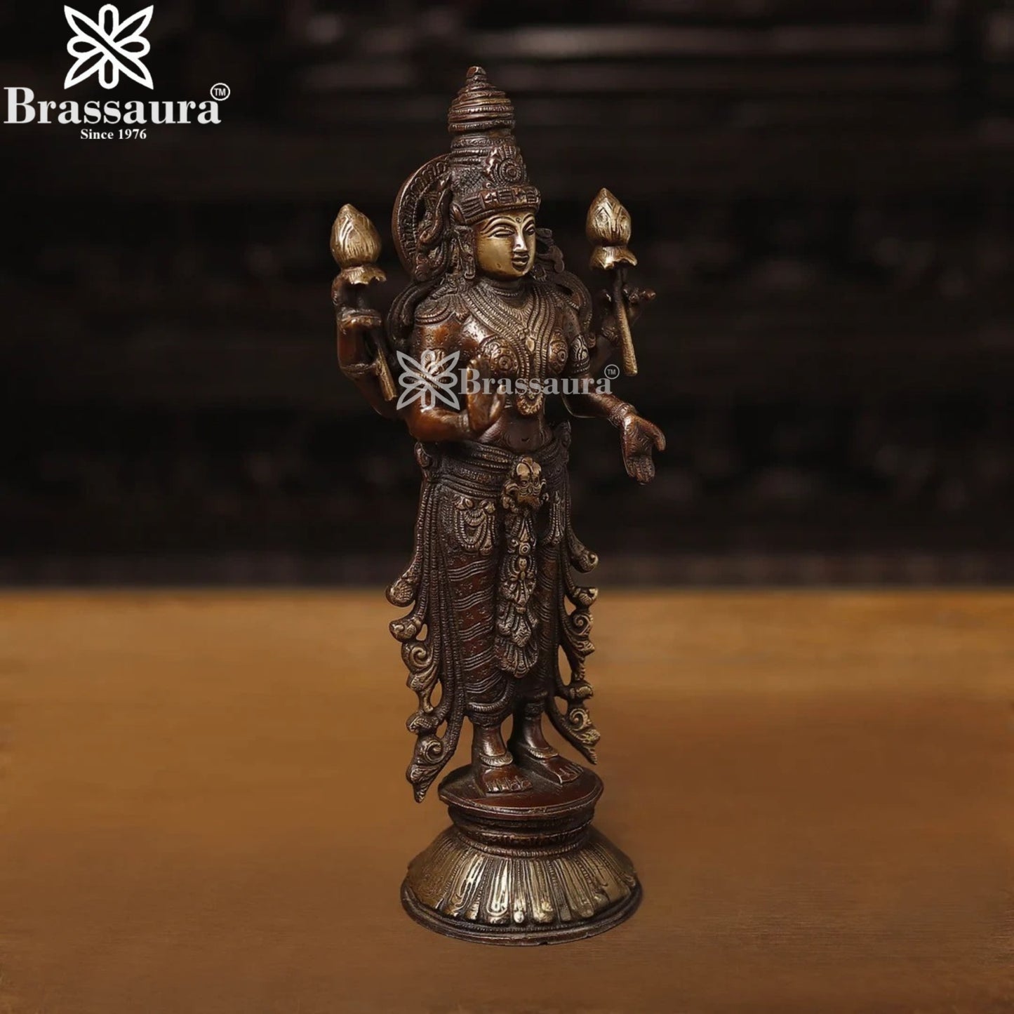 Brassaura™ Handcrafted Brass Laxmi Idol – Height 12.5 Inches & Weight 3.21 Kgs | Devotional Statue