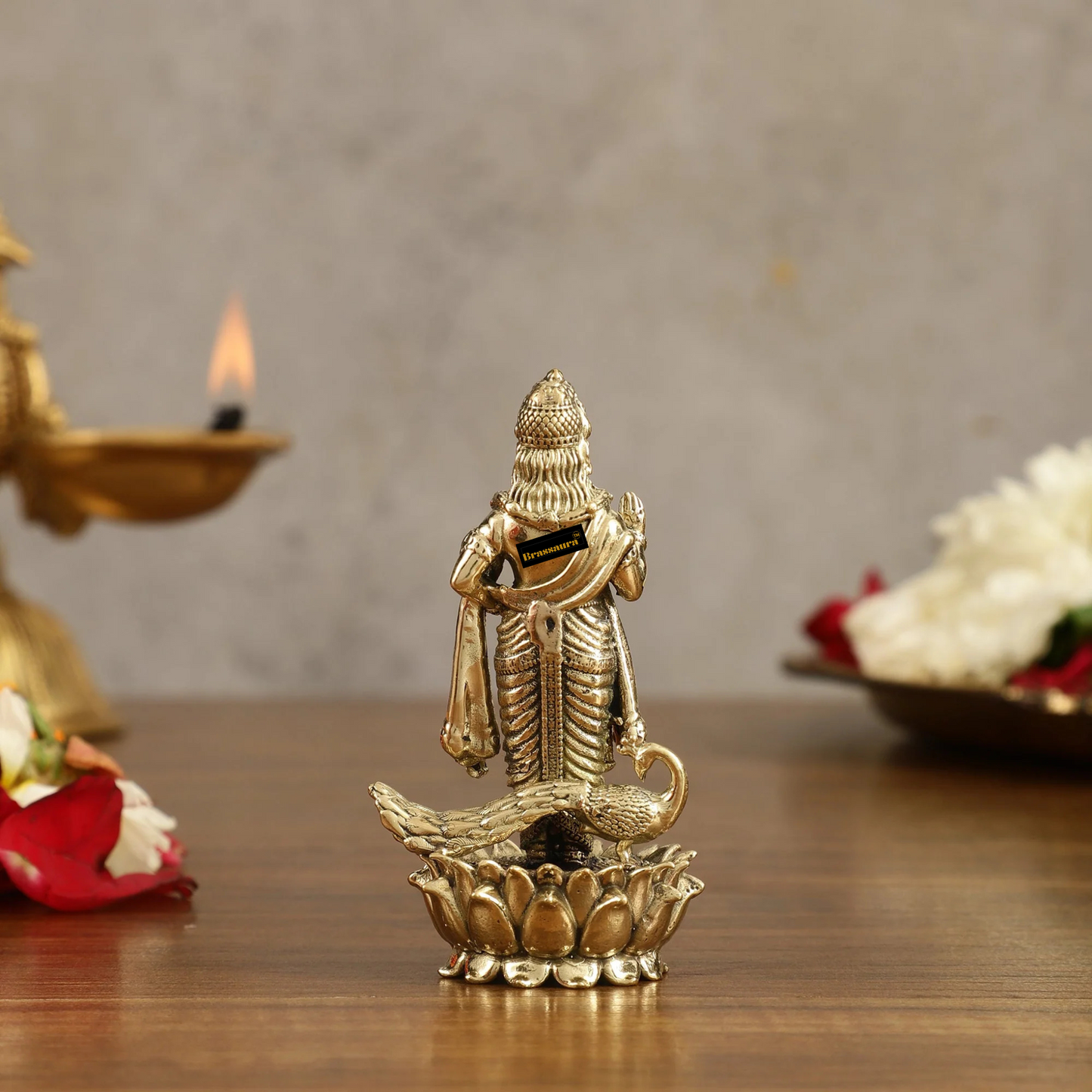 Brassaura™ Pure Brass Small Murugan Idol – 3.5 Inches Height, 93 Grams – Compact Handcrafted Statue