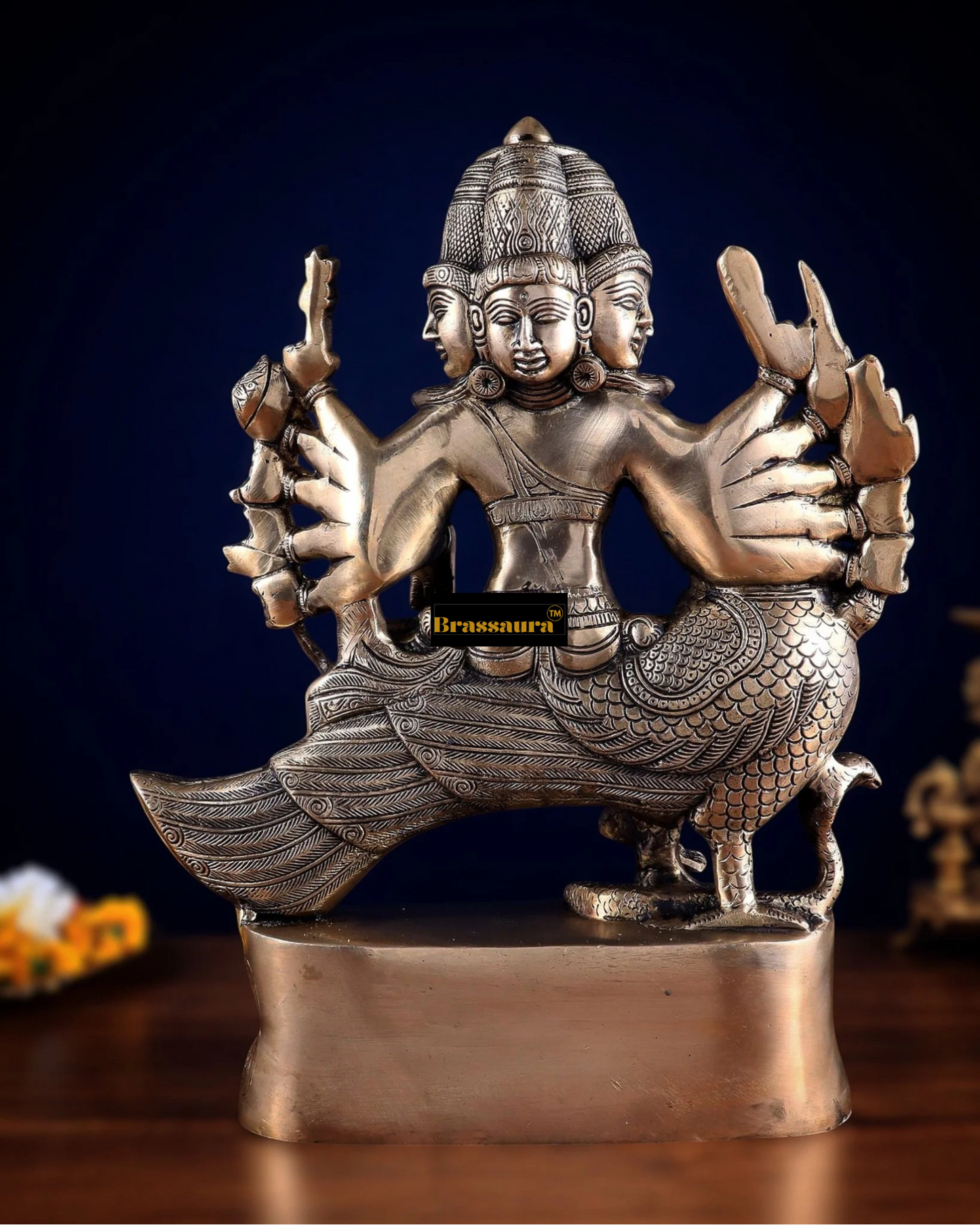Brassaura™ Exquisite Brass Lord Aarumugam Murugan Idol – 16 Inches Height, 13.5 Kgs – Seated on Peacock