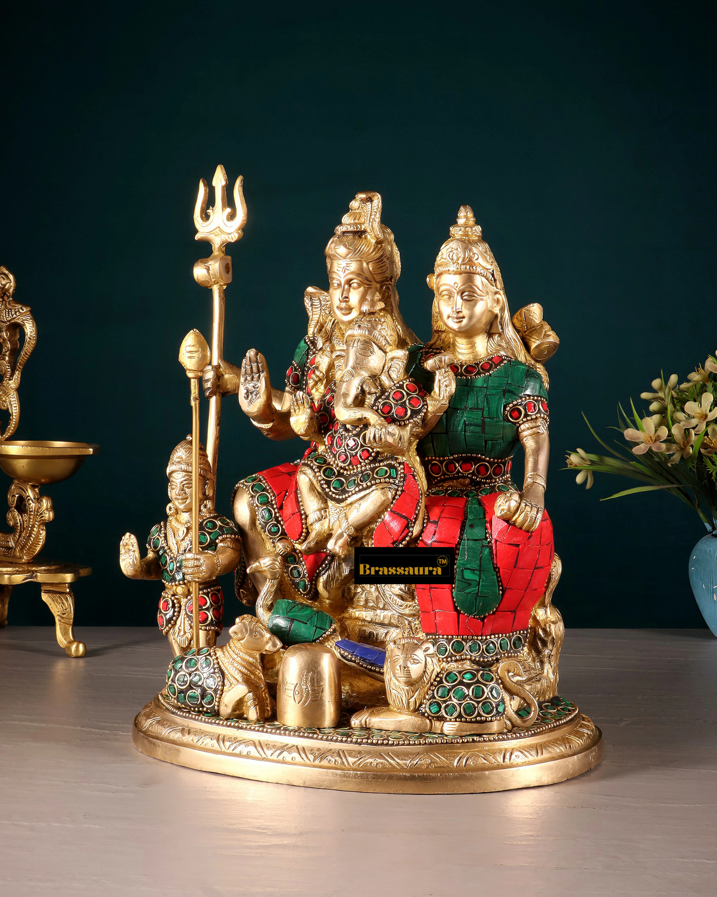 Brass Gem Stone Work Shiv parivar Idol for Home and Decor | Weight 5 Kg Height 9.5 inch