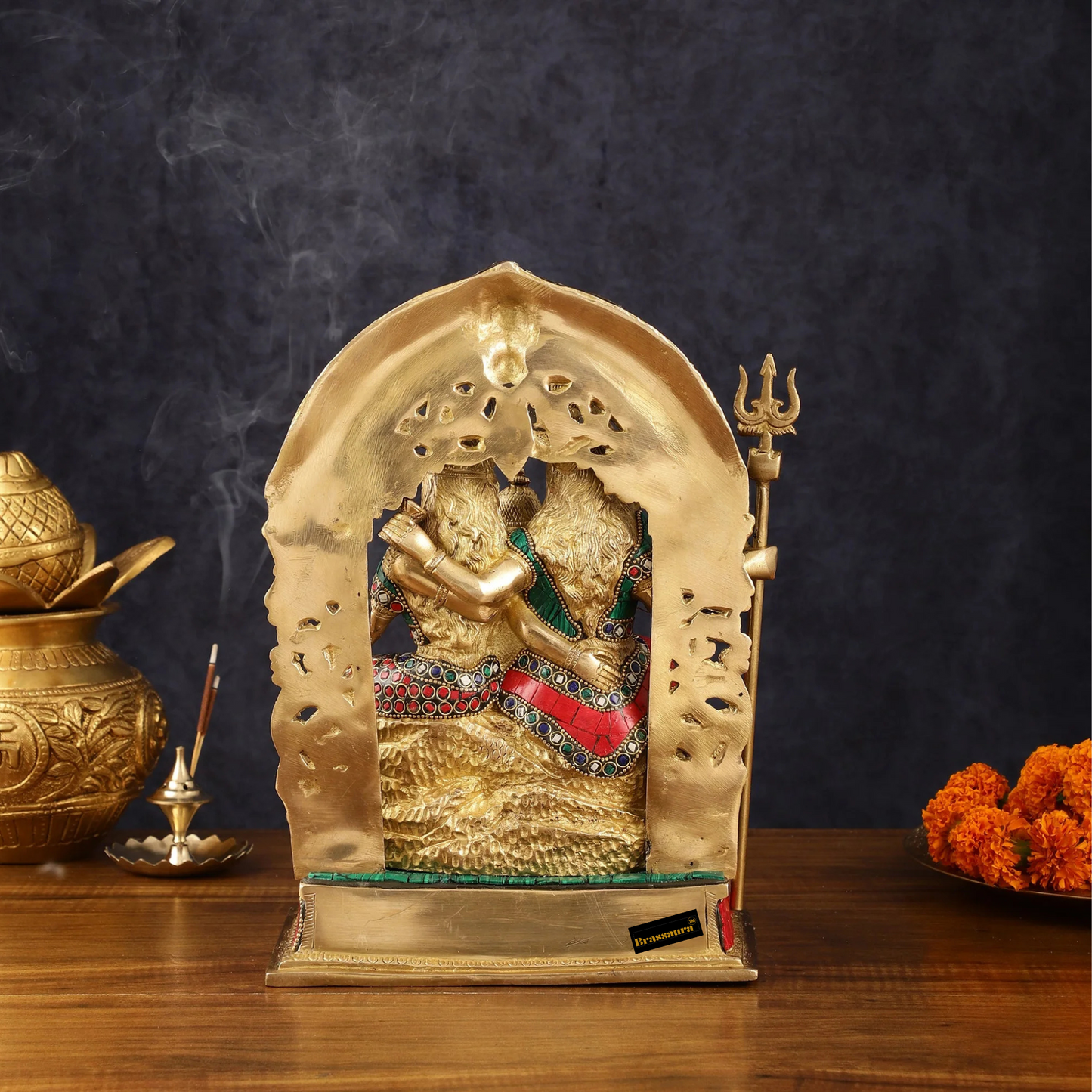Brass Gem Stone Work Shiv parivar Idol for Home and Decor | Weight 6.8 Kg Height 12 inch | Multi-Coloured