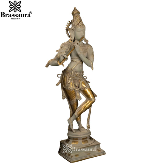 Brassaura® Vintage Finish Lord Krishna Brass Idol | Handcrafted Krishna Playing Flute Statue for Home Temple, Living Room & Luxury Décor | Height 35 Inches | Weight 20 Kg