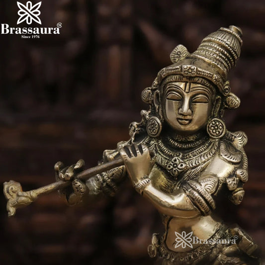 Brassaura® Lord Krishna Playing Flute with Sacred Cow Idol | Pure Superfine Brass Handcrafted Silver Antique Finish Murti | Premium Krishna Statue for Home Temple, Pooja Room & Spiritual Décor | Height 11 Inches | Weight 2.6 Kgs