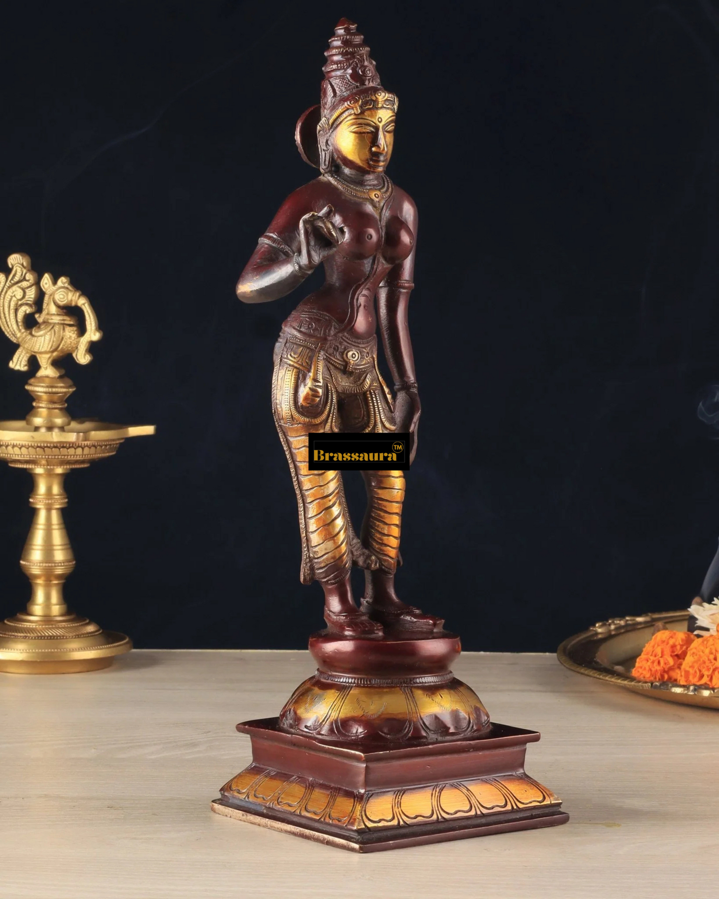 Brassaura™ Pure Brass Devi Parvati Uma Idol – 10 Inch Height, 2.5 Kg Weight – Vintage Chola Finish Standing Statue