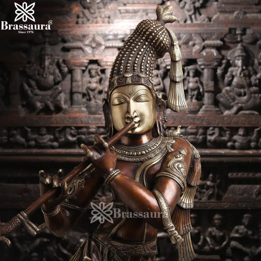 Brassaura® Traditional Lord Krishna Playing Flute Idol | Pure Brass Handcrafted Antique Brown & Fine Golden Finish Murti for Home Temple & Luxury Décor | Height 36 Inches | Weight 23.8 Kgs