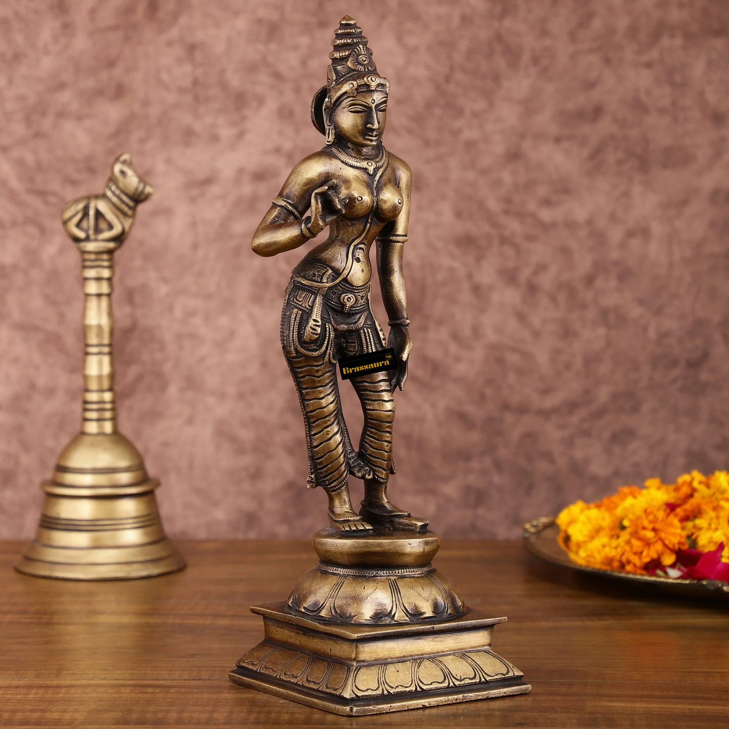 Brassaura™ Pure Brass Devi Parvati Uma Idol – 10 Inches Height, 1.5 Kgs Weight – Vintage Finish Standing Statue