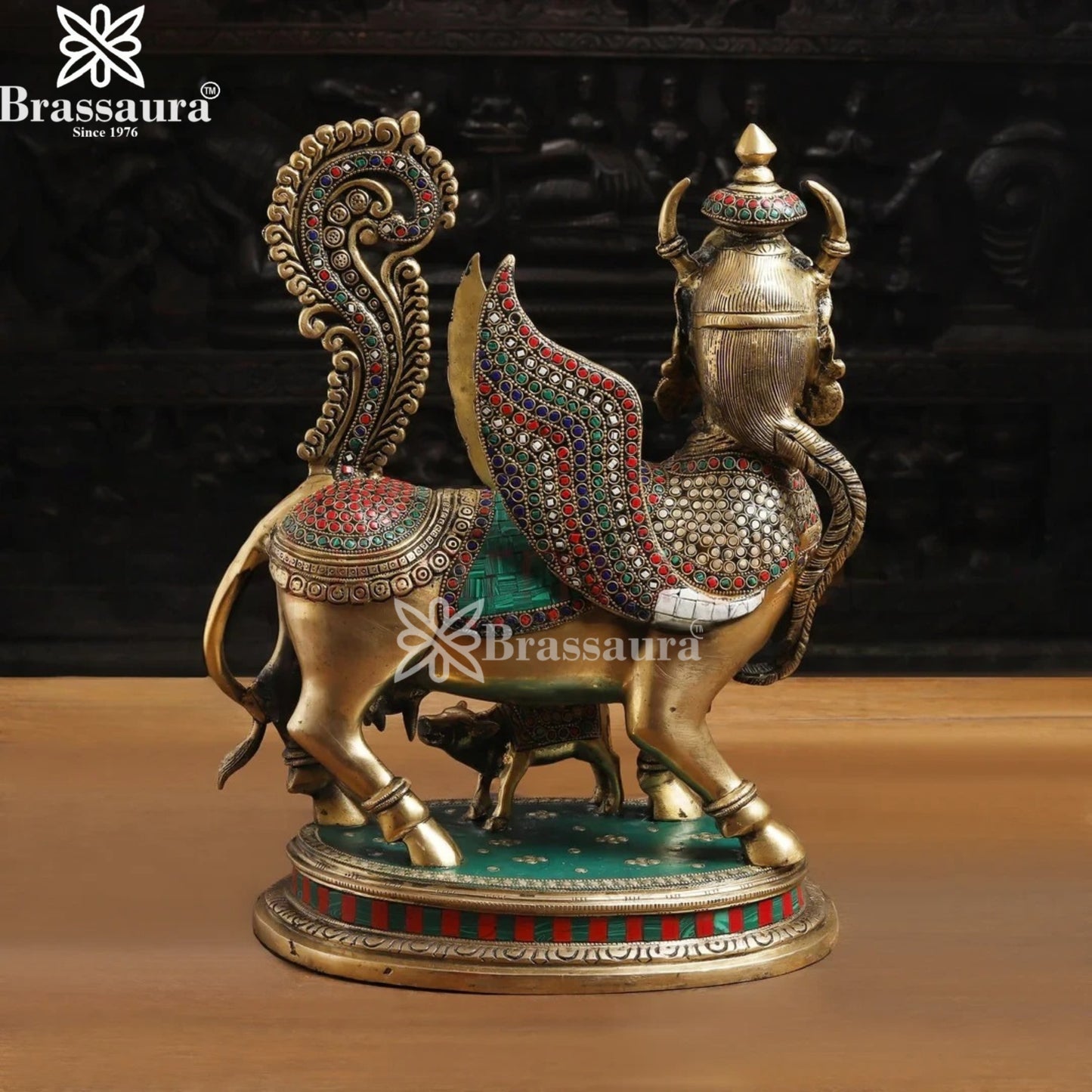Brass Gem Stone Work Kaamdhenu Statue Weight 13.1 Kg And Height 17 Inch