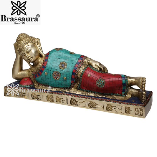 Brass Gem Stone Work Sleeping Buddha Weight 10 kg & Height 9 Inch
