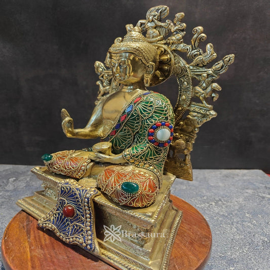 Brass Blessing Gem Stone Work Buddha Weight 5.1 kg & Height 12 Inch