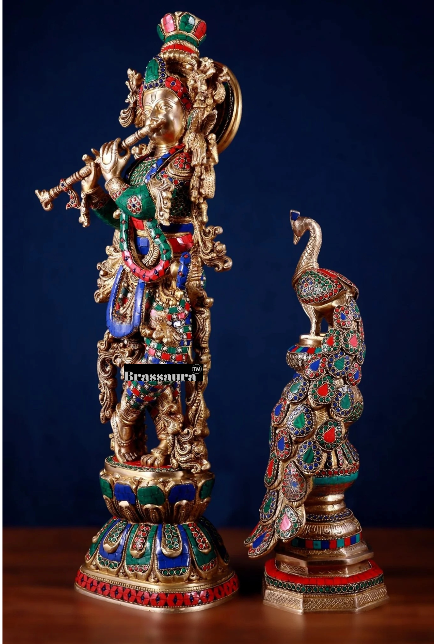 Brassaura™ Krishna Flute Statue (29" | 19 Kgs) & Large Peacock Showpiece (20" | 8.5 Kgs) Set