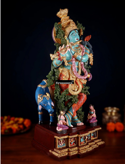 Brassaura® Hand-Painted Lord Krishna with Cow Brass Idol | Pure Solid Brass Krishna Murti with Cow | Home Temple, Spiritual Décor & Gifting | Height 29 Inches | Weight 35 Kg