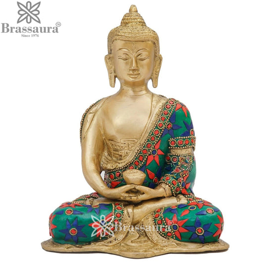 Brass Gem Stone Work Multicolored Buddha Weight 2.1 kg & Height 8 Inch