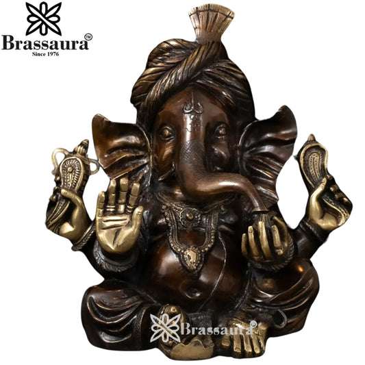 Brassaura™ Brass Gem Stone Work Ganesha Idol | Height 13.5 Inches & Weight 13.5 Kgs