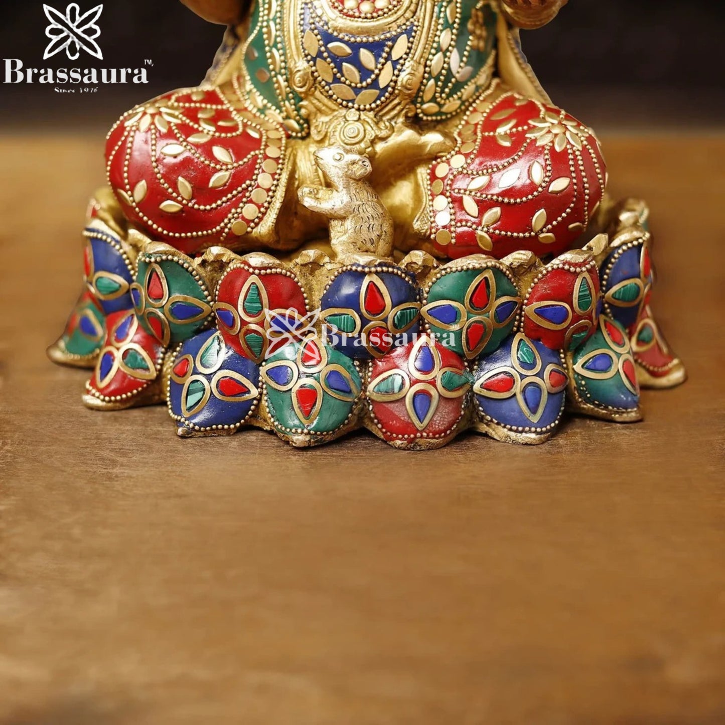 Brass Gem Stone Work Lotus Ganesha Weight 6.4 Kg & Height 12 Inch
