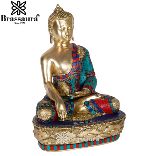 Brass Bhumisprasa Gem Stone Work Buddha Weight 10 kg & Height 15 Inch
