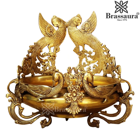 Brass Peacock Urli Statue Weight 11.3 Kg And Height 15.5 Inch