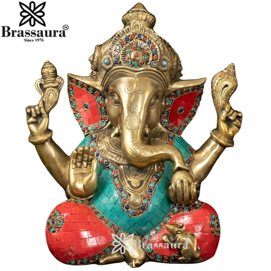 Brassaura™ Brass Gem Stone Work Ganesha Idol | Height 12 Inches & Weight 9.1 Kgs