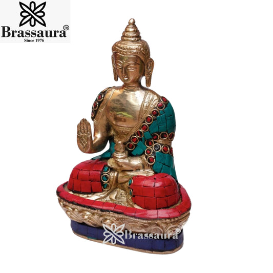 Brass Blessing Gem Stone Work Buddha Weight 1 kg & Height 7 Inch