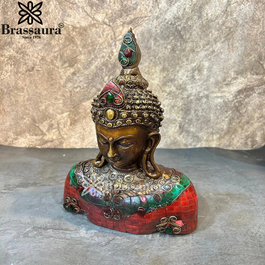 Brass Head Gem Stone Work Buddha Weight 3.9 kg & Height 12.5 Inch