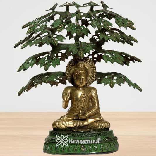 Brassaura® Buddha with Tree Idol for Home & Décor | Pure Superfine Brass Handcrafted Murti, Brass Statue for Home Temple, Pooja Room | Height 20.5 Inches | Weight 17 Kg
