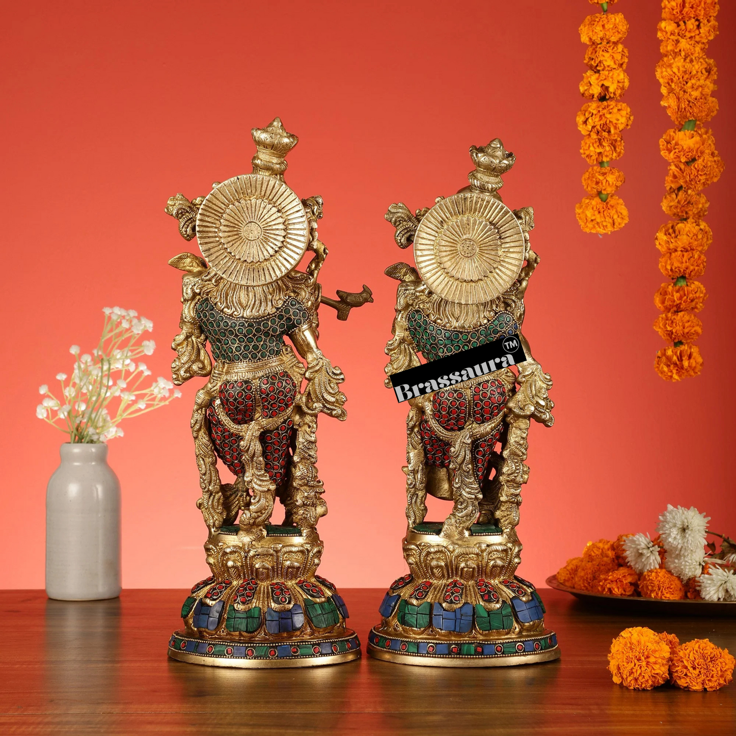 Brassaura™ Brass Radha Krishna Idol Pair with Multicolored Meenakari – Height 15 Inches & Weight 10 Kgs | Elegant Devotional Statue