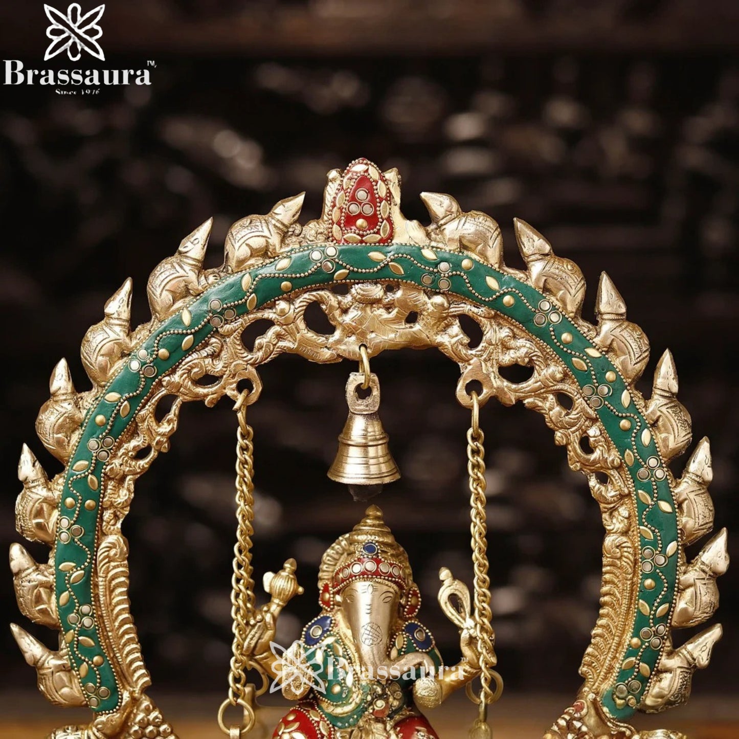Brass Gem Stone Work Ganesha Jhula Weight 5.3 Kg & Height 15 Inch