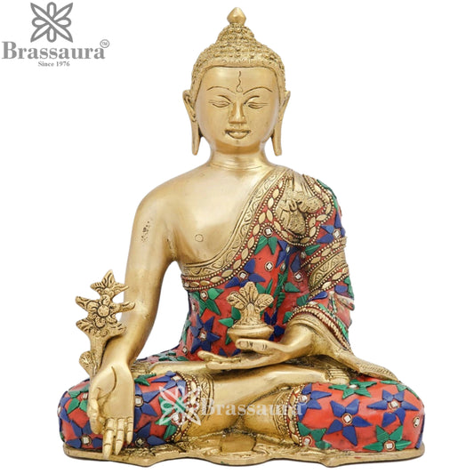 Brass Bhumisprasa Gem Stone Work Multicolored Buddha Weight 4.2 kg & Height 10 Inch