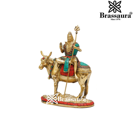 Brassaura™ Brass Gem Stone Work Shiva Sitting on Nandi , Height 9 Inches & Weight 3.4 Kgs