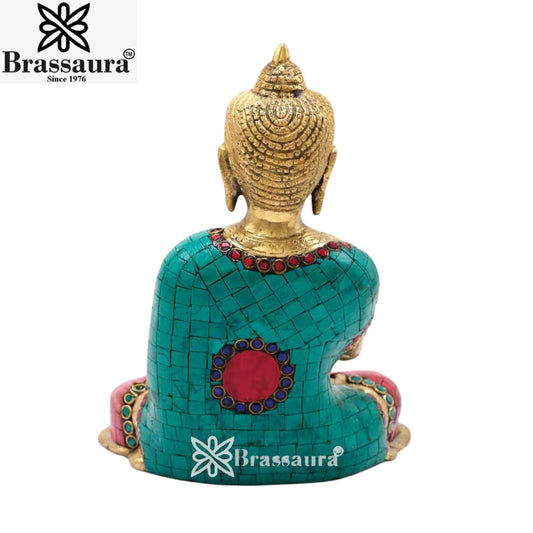 Brass Blessing Gem Stone Work Buddha Weight 2.3 kg & Height 9 Inch
