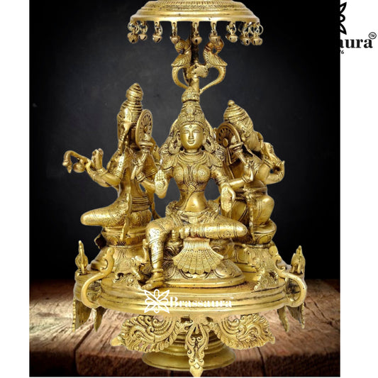 Brassaura® Majestic Brass Lakshmi Ganesha Idol on Ornamental Pedestal | Traditional Handmade Divine Murti | Height 17 Inches